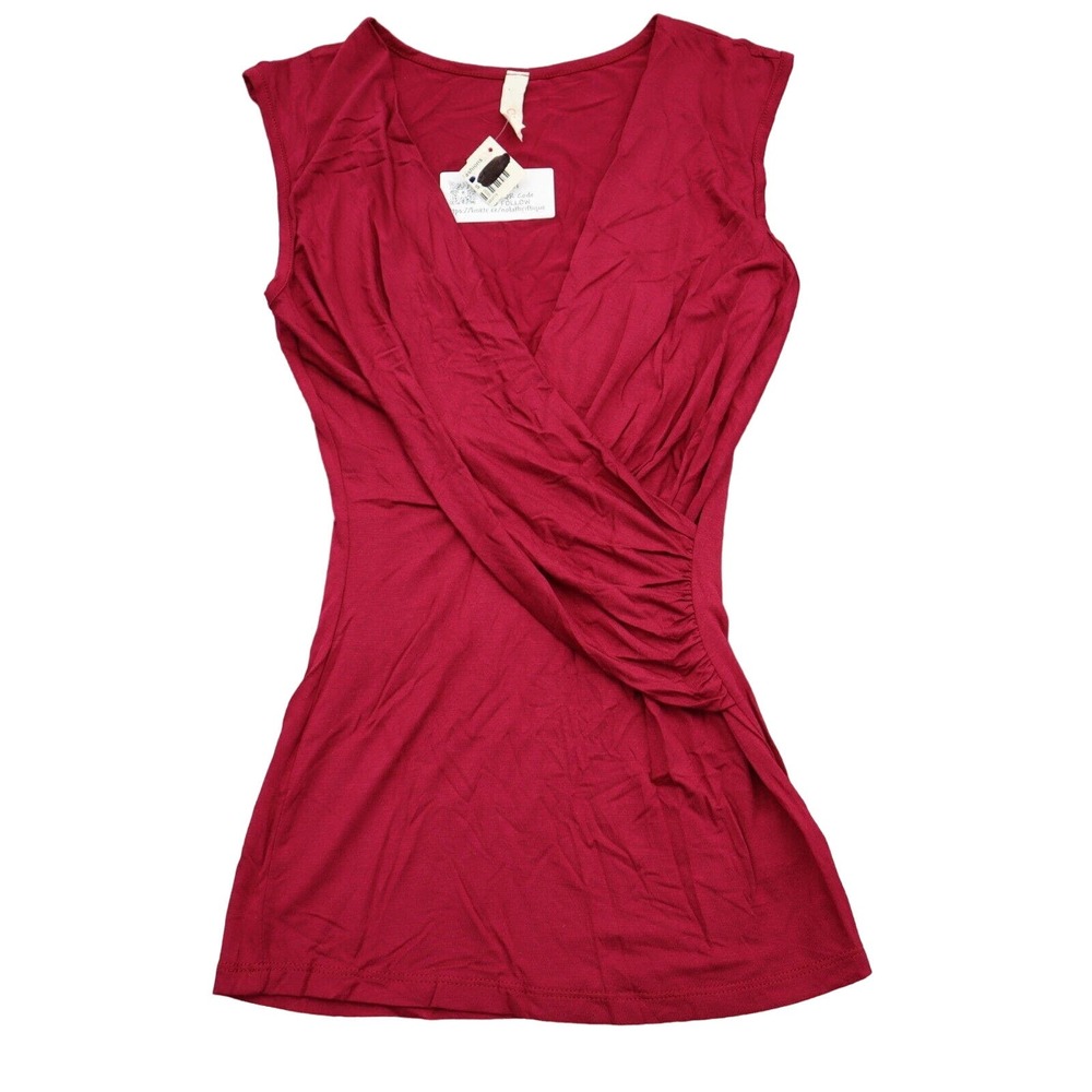CY Shirt Womens S Dark Pink Sleeveless VNeck Pleated Stretch Pullover Blouse